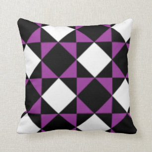 Black White Purple Modern Diamond Check Pattern Throw Pillow