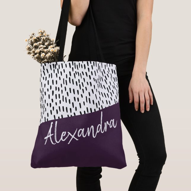 Black White Purple Modern Personalized Tote Bag (Close Up)