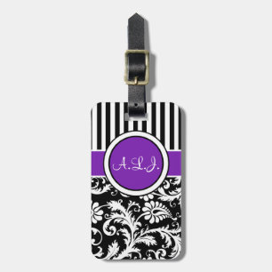 Black, White, Purple Striped Damask Luggage Tag