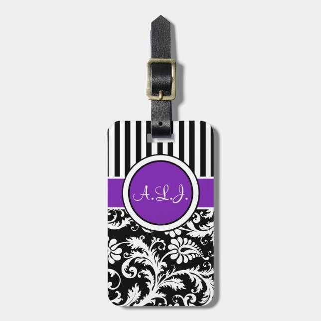 Black, White, Purple Striped Damask Luggage Tag (Front Vertical)