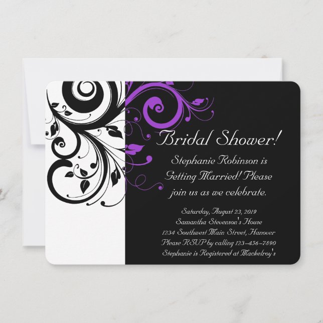 Black, White, Purple Swirl Bridal Shower / General Invitation (Front)