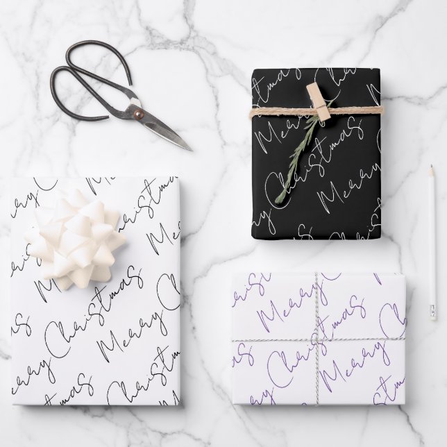Black, white, purple typography Christmas holiday Wrapping Paper Sheet (Front)
