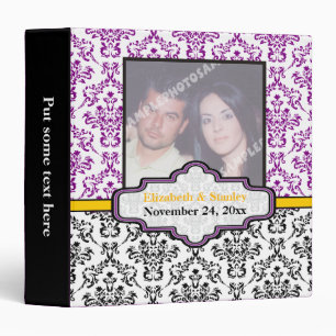 Black white purple yellow damask wedding binder