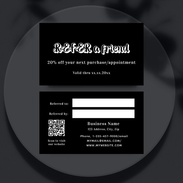 Black white qr code business referral card (Creator Uploaded)