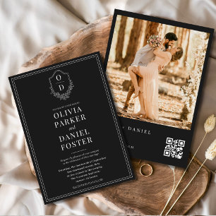 Black & White QR Code Classic Crest Photo Wedding Invitation