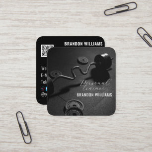 Black White QR Code Fitness Personal Trainer  Square Business Card