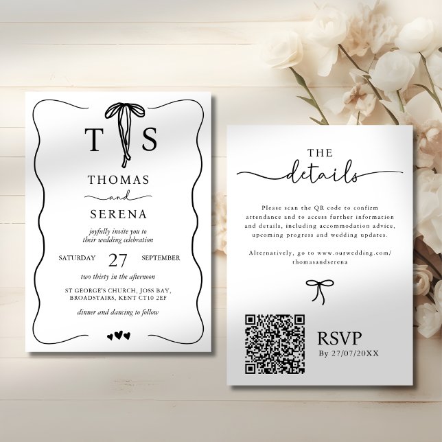 Black White QR Code Hand Drawn Wavy Curve Bow Invitation (Creator Uploaded)