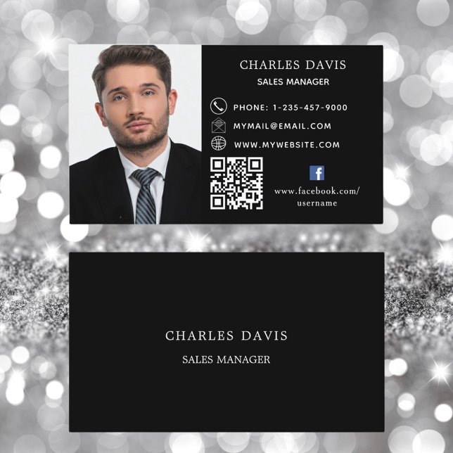 Black white QR code photo facebook icon Business Card (Creator Uploaded)