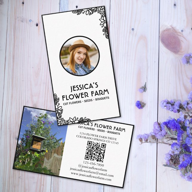 Black & White QR Code Professional 2 Photo Floral Business Card (Creator Uploaded)