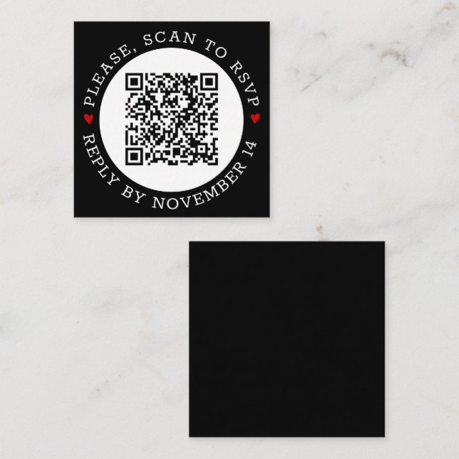Black white QR code RSVP border red hearts wedding Enclosure Card (Front/Back)
