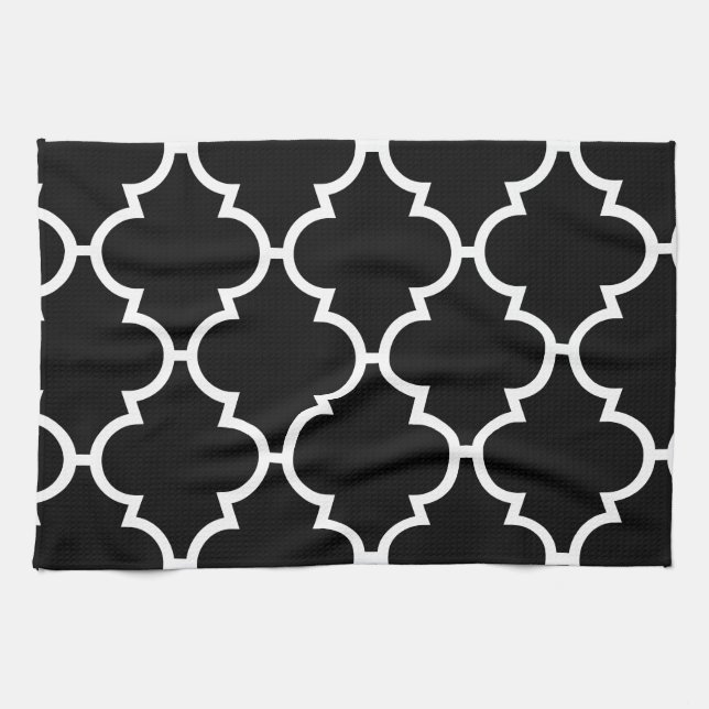 Black White Quatrefoil Pattern Kitchen Towel (Horizontal)