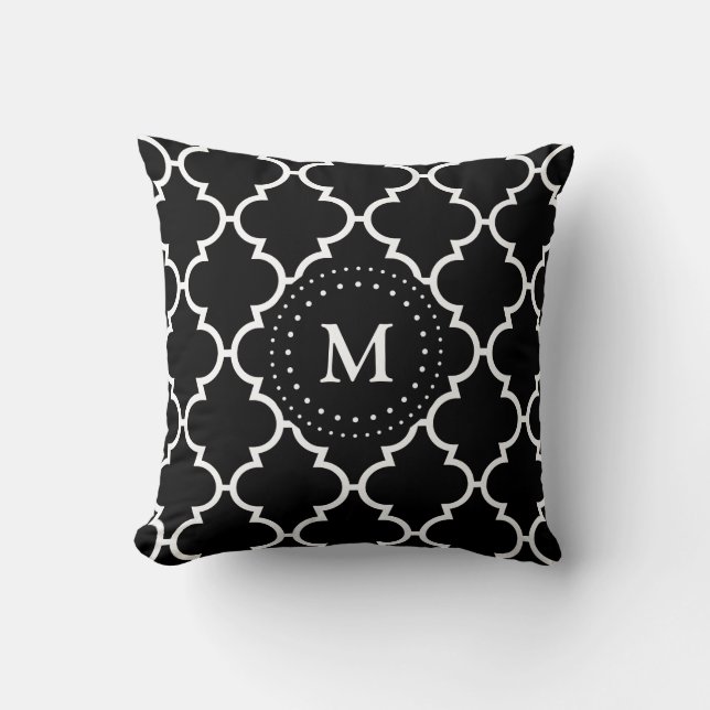 Black White Quatrefoil Pattern Monogrammed Pillow (Front)
