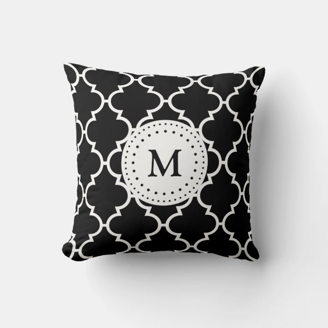 Black White Quatrefoil Pattern Monogrammed Pillow (Front)