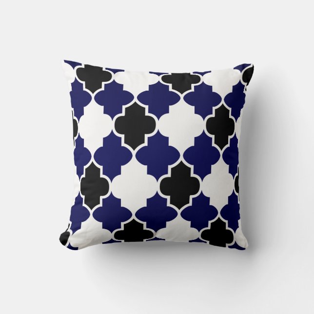 Black & White Quatrefoil Pattern on Navy Blue Throw Pillow (Front)