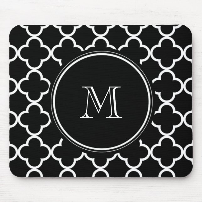 Black White Quatrefoil Pattern, Your Monogram Mouse Pad (Front)