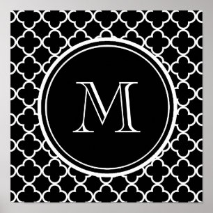 Black White Quatrefoil Pattern, Your Monogram Poster