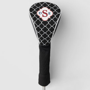 Black White Quatrefoil Red Monogram Golf Head Cover