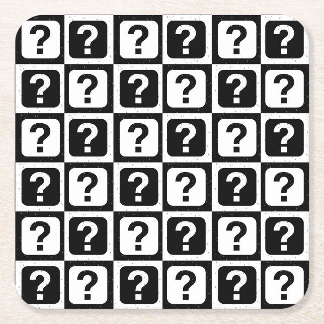 Black White Question Mark Riddle Block Monogram Square Paper Coaster (Front)