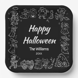 Black & White Quirky Hand Drawn Doodles Halloween Paper Plate