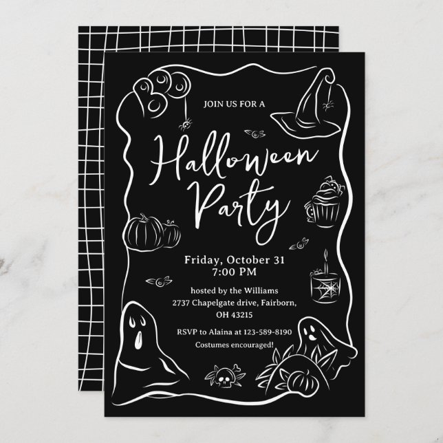 Black & White Quirky Hand Drawn Halloween Party Invitation (Front/Back)