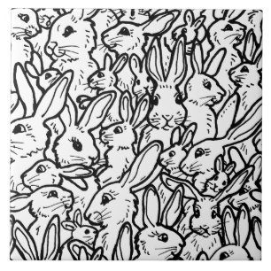 Black & White Rabbit Drawings Cute Bunny Pattern Tile