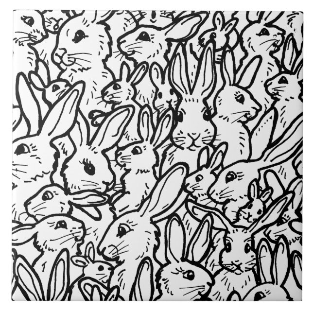 Black & White Rabbit Drawings Cute Bunny Pattern Tile (Front)