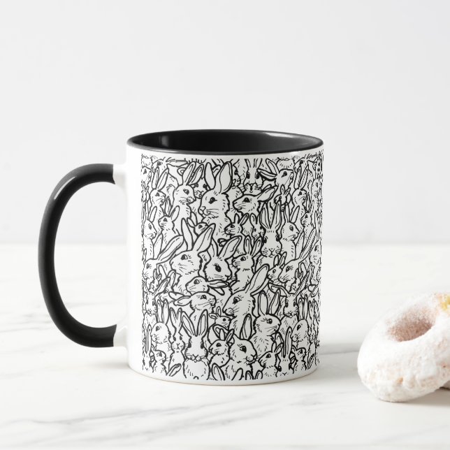Black & White Rabbit Drawings Modern Bunny Pattern Mug (With Donut)