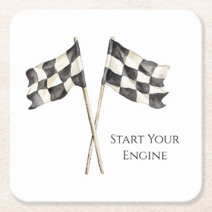 Black White Racing Race Car Flags Square Paper Coaster