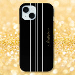 Black White Racing Stripes Chic Gold Monogrammed iPhone 15 Case<br><div class="desc">Create your own custom, personalized, cool, classy, stylish, classic, black and white racing stripes design, faux gold typography / script monogram, chic, sleek, stylish, form-fitting, featherlight, trendy, slim profile, lightweight, impact resistant, durable hard plastic, glossy finish Apple iPhone case. To customize, simply type in your name / monogram / initials....</div>