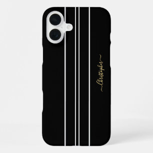 Black White Racing Stripes Chic Gold Monogrammed iPhone 16 Plus Case