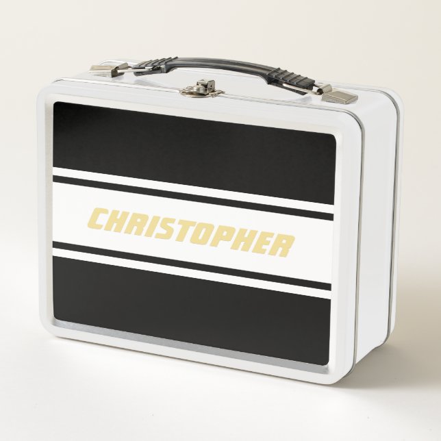 Black White Racing Stripes Gold Monogram Kids Boys Metal Lunch Box (Front)