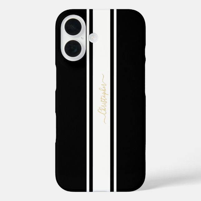 Black White Racing Stripes Gold Monogrammed Chic Case-Mate iPhone Case (Back)