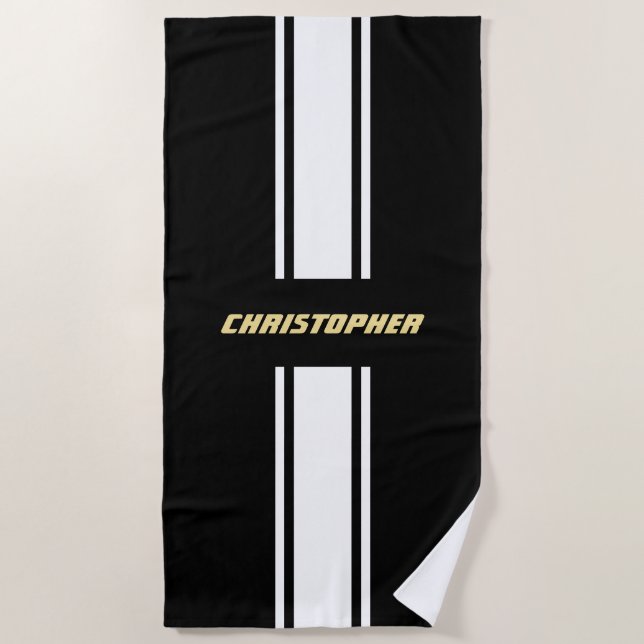 Black White Racing Stripes Gold Monogrammed Pool Beach Towel (Front)