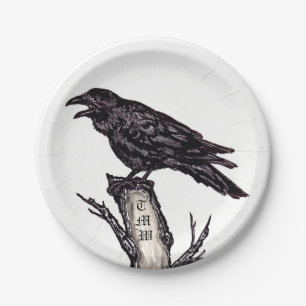 Black & White Raven Crow Gothic Bird Monogram Paper Plate