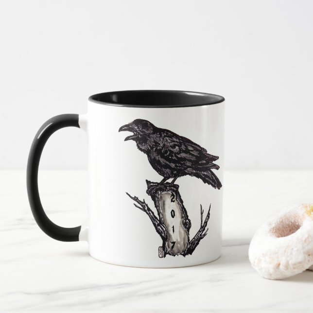 Black & White Raven Mug Halloween Personalize Date (With Donut)