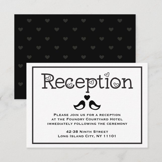 Black  & White Reception Lovebirds Hearts Wedding Invitation (Front/Back)