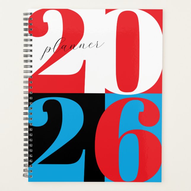 Black White Red Blue Bold Year Color Block Planner (Front)