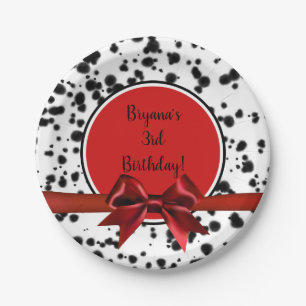 Black White Red Bow Dalmatian Spots Birthday Party Paper Plate