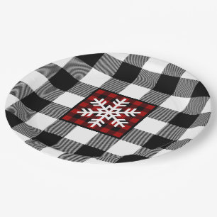 Black, White, Red Buffalo Plaid, Snowflake Paper Plate