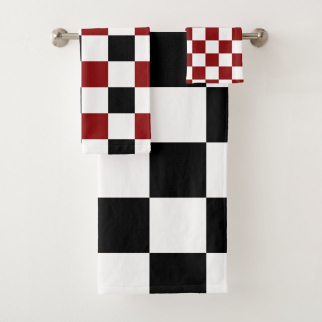 Black White Red Chequered Bath Towel Set (Insitu)
