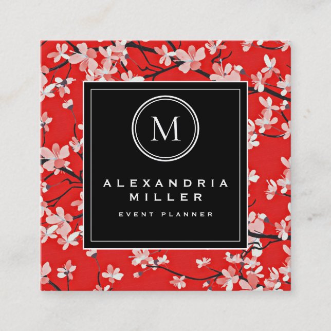 Black White & Red Cherry Blossoms | Monogram Square Business Card (Front)