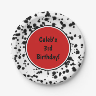 Black White Red Dalmatian Spots Birthday Party Paper Plate