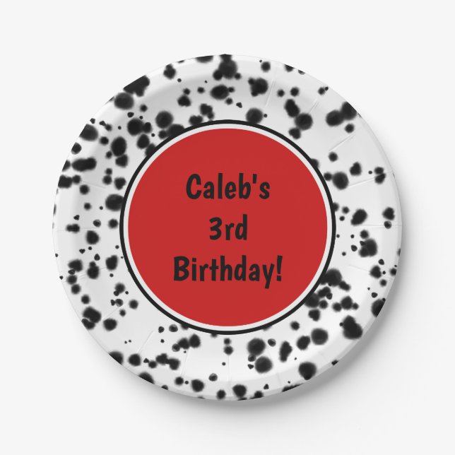 Black White Red Dalmatian Spots Birthday Party Paper Plate (Front)