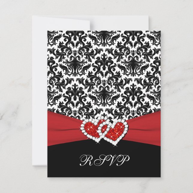 Black White Red Damask, Coeurs joints carte RSVP (Devant)