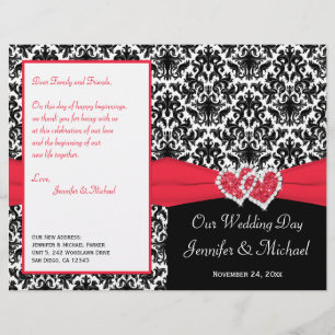 Black White Red Damask Hearts Wedding Program