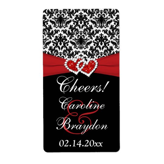 Black White Red Damask Hearts Wine Label Shipping Label