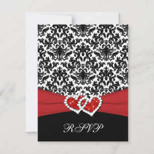 Black White Red Damask, Joined Hearts RSVP Card