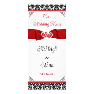 Black, White, Red Damask Love Hearts Wedding Menu