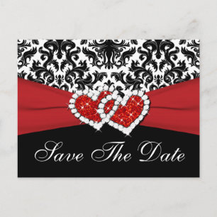 Black, White, Red Damask Save the Date Postcard