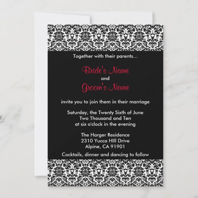 Black/White/Red Damask Wedding Invitation (Front)